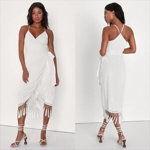 Lulus White Floral Embroidered Tassel Midi Wrap Dress Size M